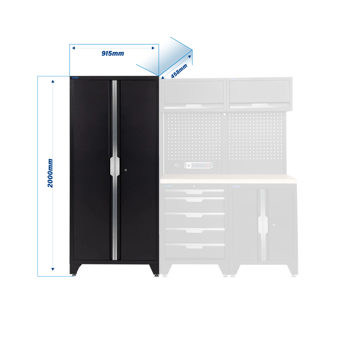 SGS 7pc Garage Storage System | 5 Drawers | Pressed Wood Worktop | Tall Double Cabinet | Pegboard with Power Strip